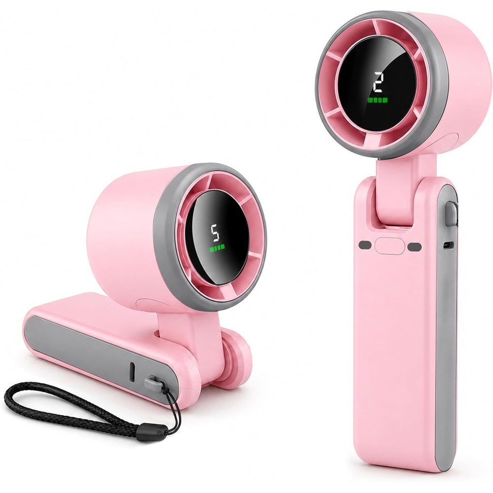 image:imageEcoNour Portable Handheld Fan  USB Rechargeable Mini Fan with 5 Speeds  LED Display and Foldable Design  Battery Operated Mini Fan for Home Office Bedroom and TravelPink