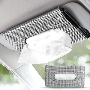 EcoNour Bling Car Crystal Glitter Paper Towel Holder | PU Leather Case | | Mask & Tissue Dispenser| Bling Accessories for Women | Sun Visor Organizer with Tissue Holder(Silver)
