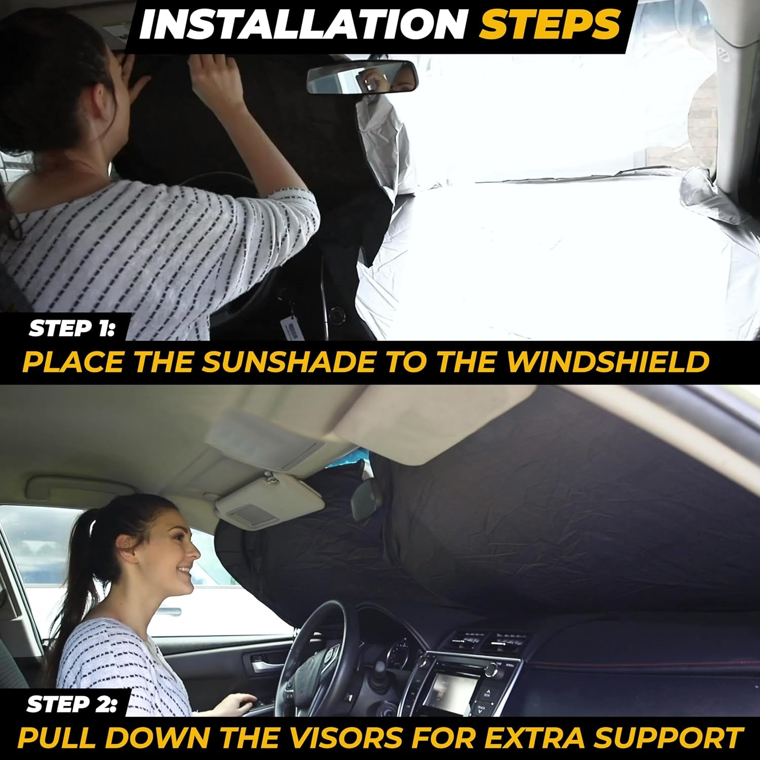 image:imageCar Windshield Sun Shade 240T Reflective Polyester Sunshade Blocks 99 UV Rays and Heat Keeps Interior Cool Foldable Sunshade for Car SUV and Truck with Storage BagLarge 64 x 34