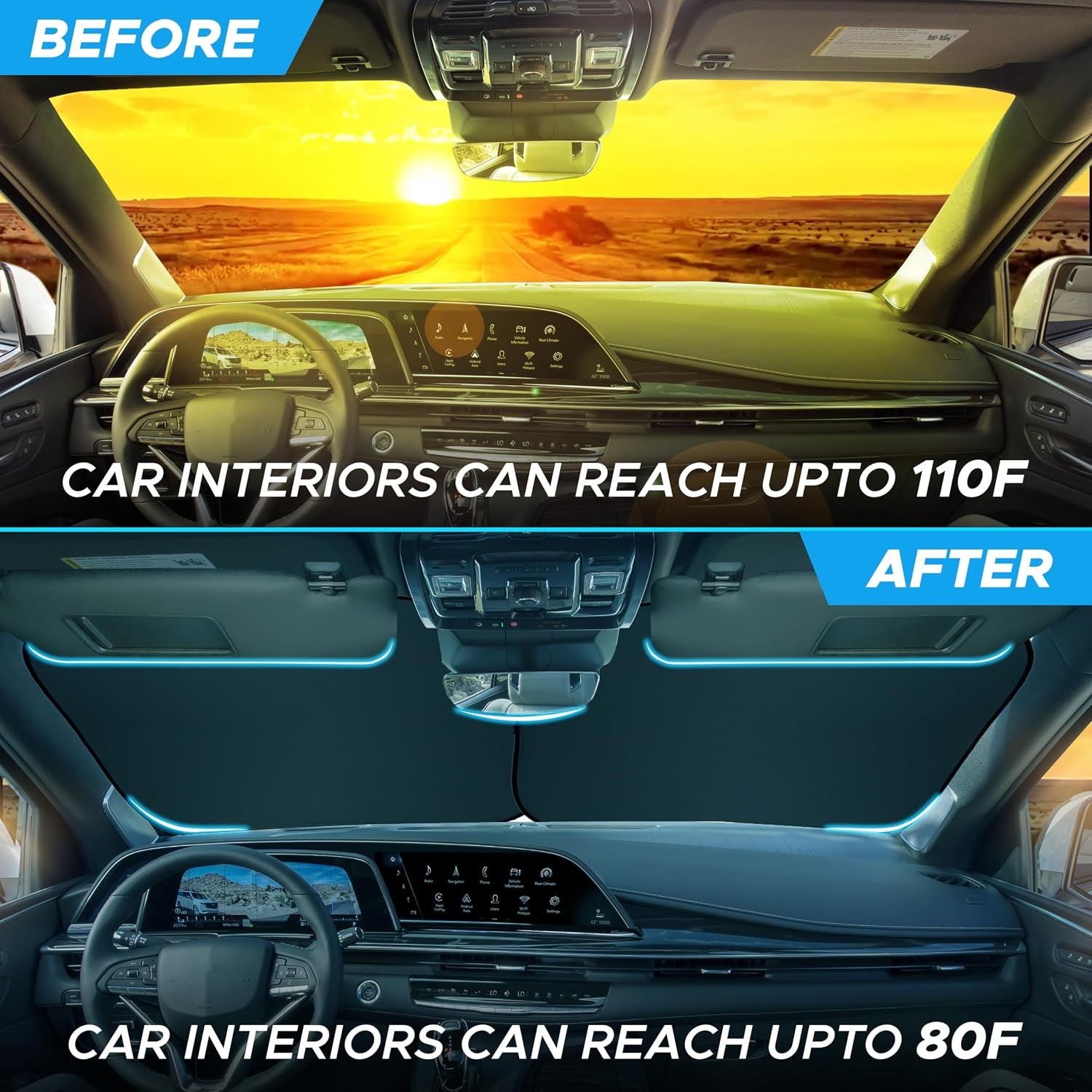 image:imageDetachable Car Windshield Sun Shade Foldable Sun Shield for Car Windshield Sun Shades for Heat and UV Protection Premium Reflective amp Dual Layer Design Small 60x28Small