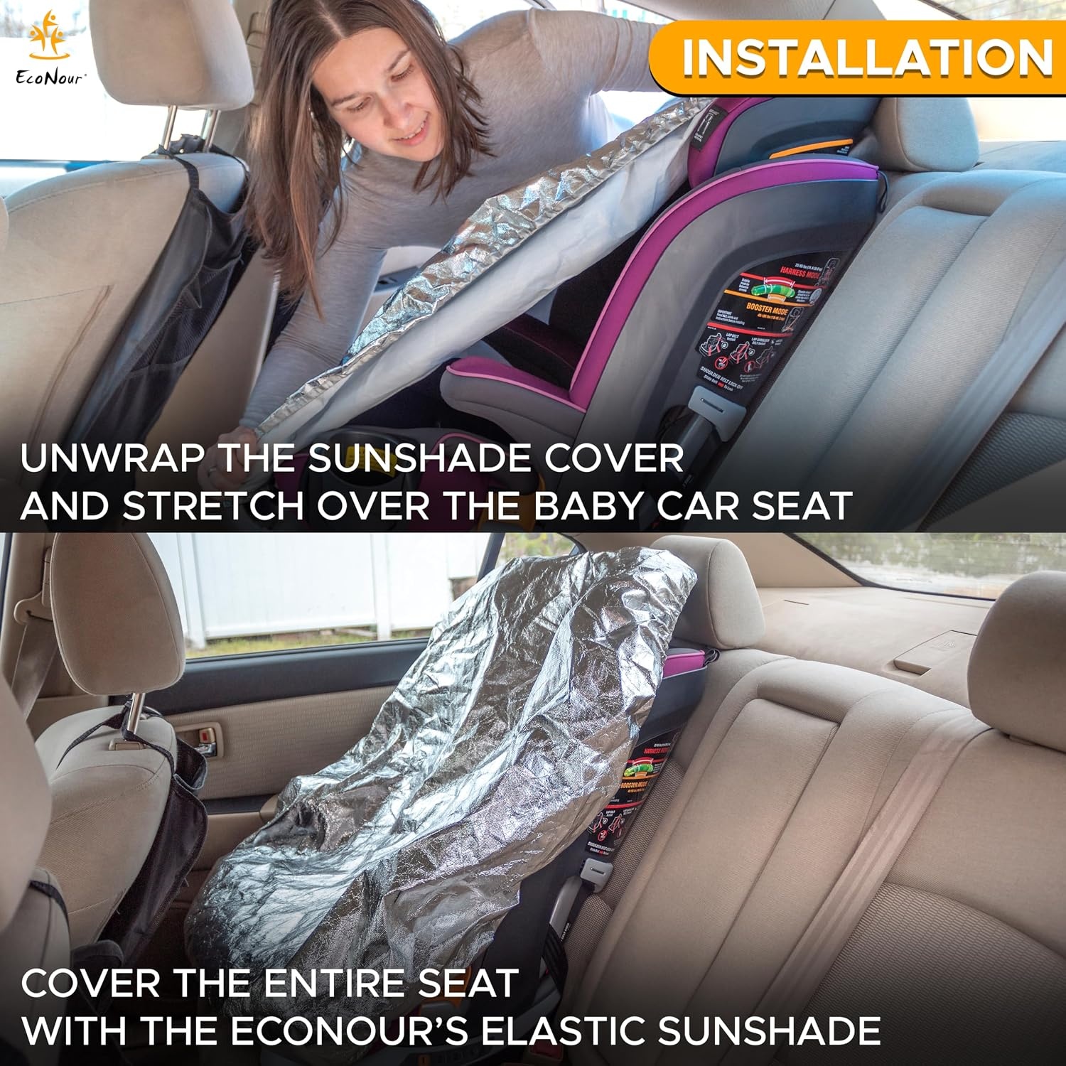 image:imageEcoNour 2 in 1 Car Steering Wheel Desk Baby Car Seat Sun Shade Cover Steering Wheel Tray for Laptop with Pen Holder Reflective Baby Seat Cover