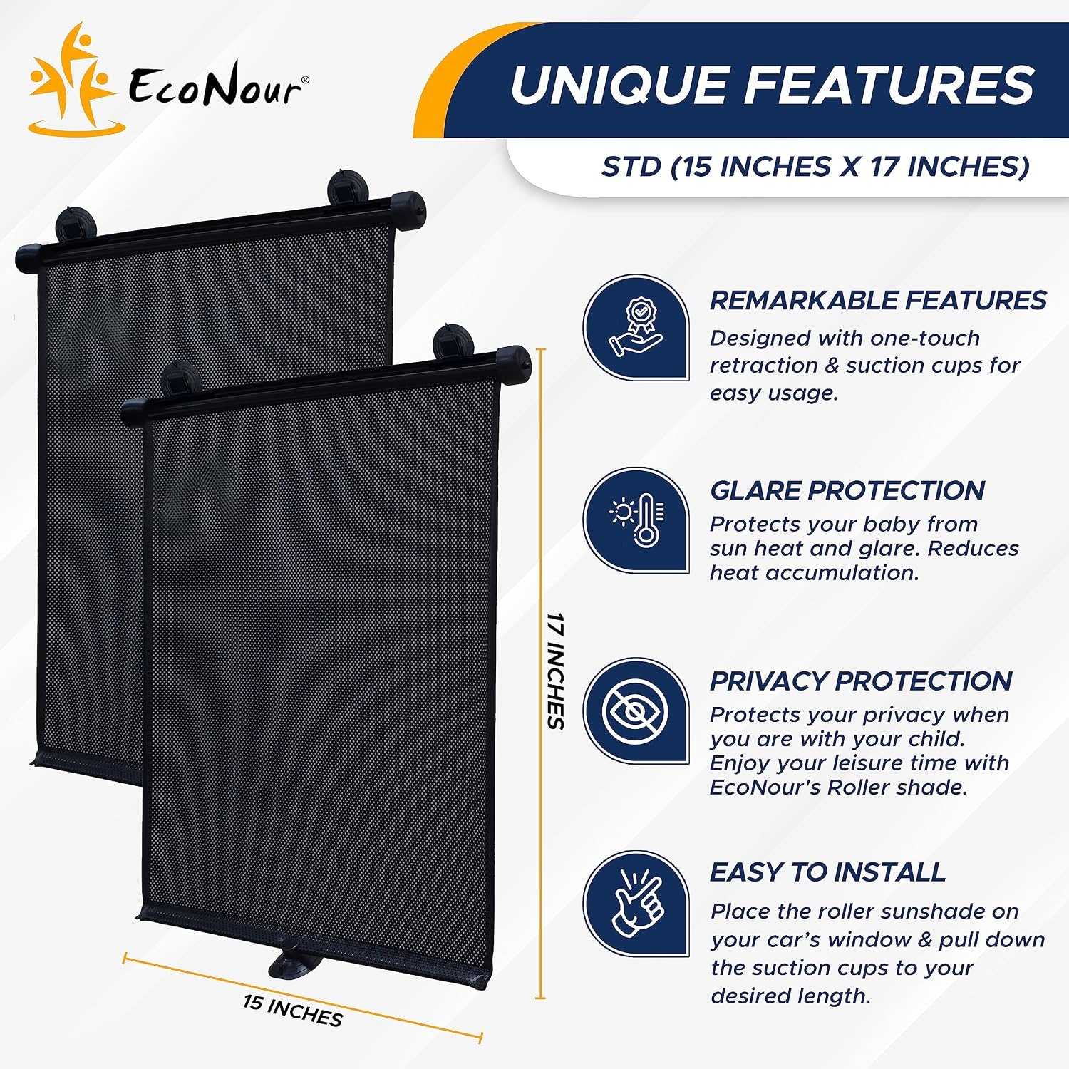 image:imageEcoNour 2Piece Windshield Sun Shade 26x18 EcoNour Car Side Window Sun Shade 15x17 Complete Automotive Sun Protection Car Shades for Side Windows