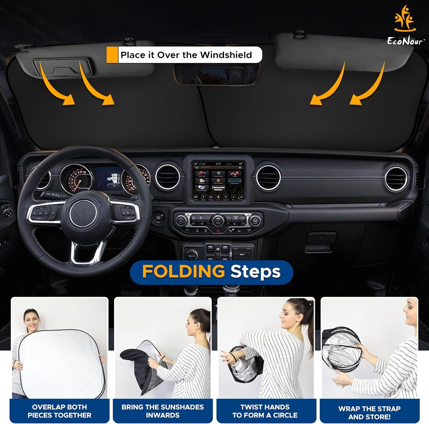 image:imageEcoNour 2Piece Windshield Sun Shade 26x18 EcoNour Car Side Window Sun Shade Medium 32x16 Complete Automotive Sun Protection Car Shades for Side Windows