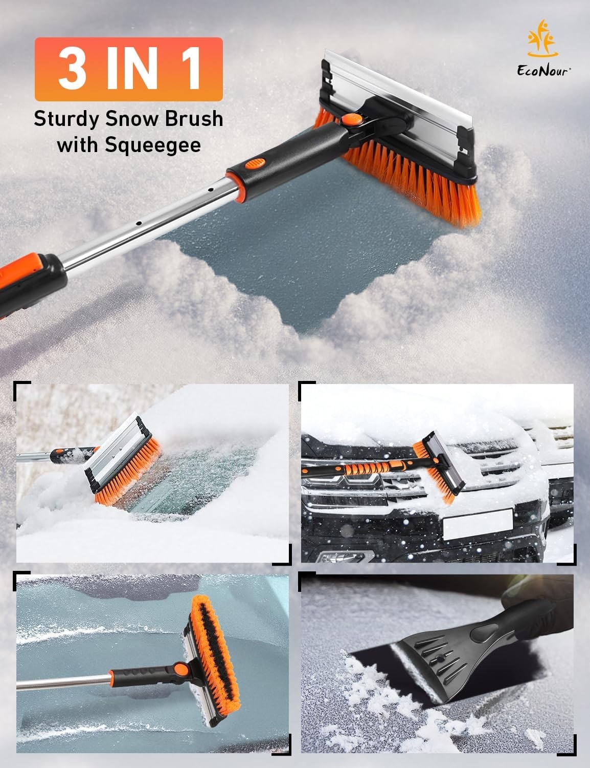 image:imageEcoNour 49 Extendable Squeegee Snow Brush and Ice Scraper for Windshield For Car Windows 270 Telescopic Snow Broom with Pivoting Squeegee Heavy Duty Car Snow Removal Tool for SUV Truck amp CarOrange 55