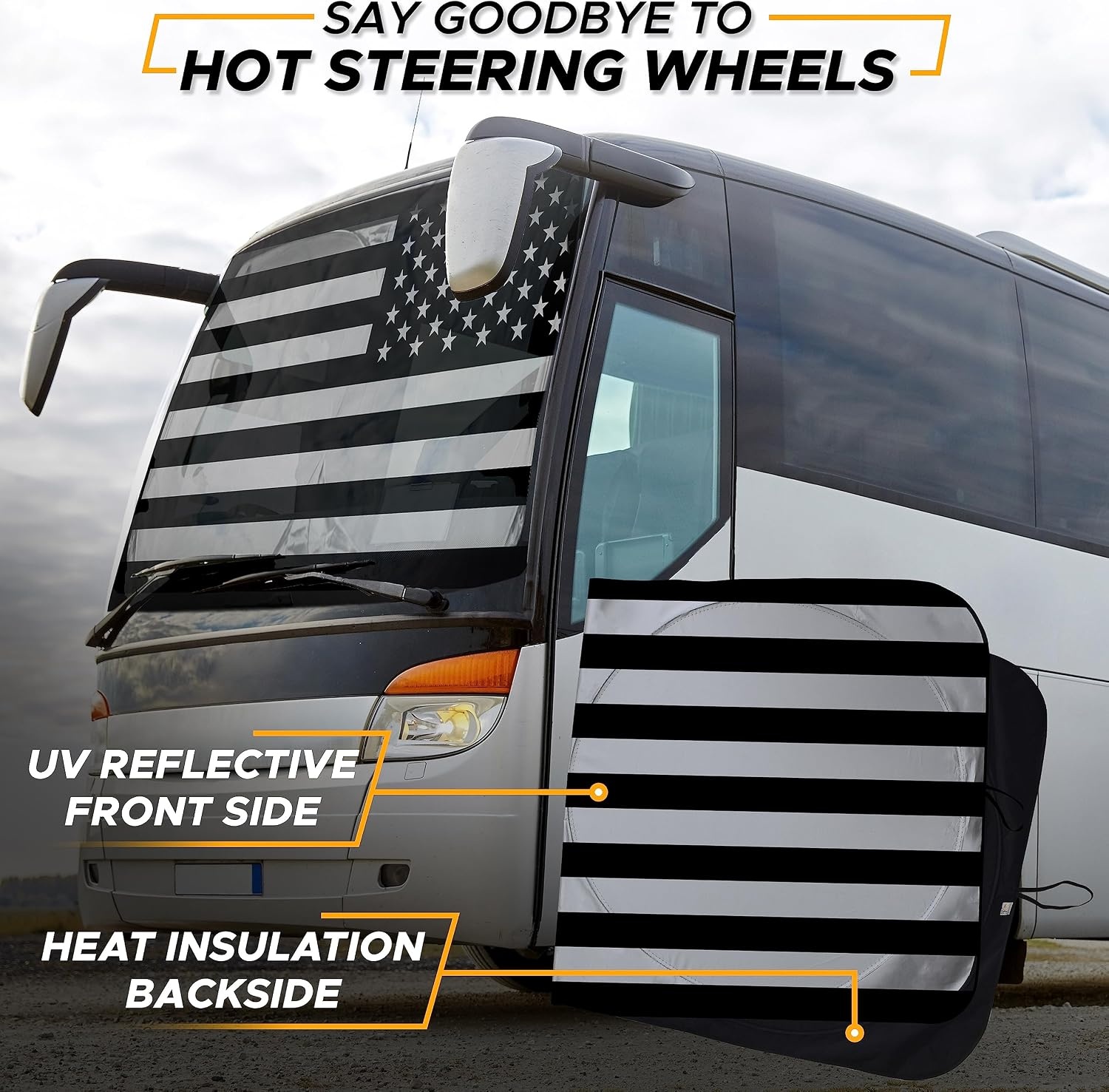 image:imageEcoNour Black American Flag RV Windshield Sun Shade Sun Visor for UV Rays Keeps Your RV Motorhome Cool Fits RVs Trucks Motorhomes Buses Sun Visor for Interior Accessories 102 x 51 inches