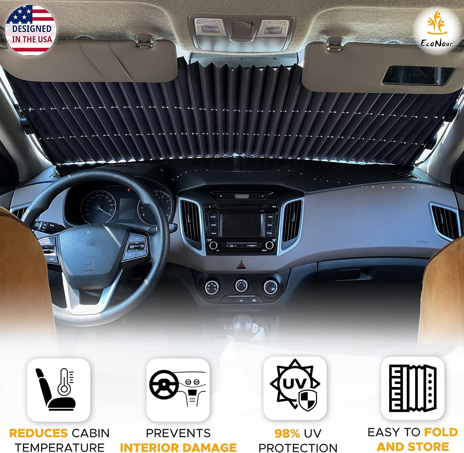 image:imageEcoNour Car Retractable Windshield Sun Shade Aluminum Cloth Fabric Sunshade to Block 99 Sun Heat and UV Car Sun Visor to Protect Car Interiors Adjustable Universal Size Fits for All Cars