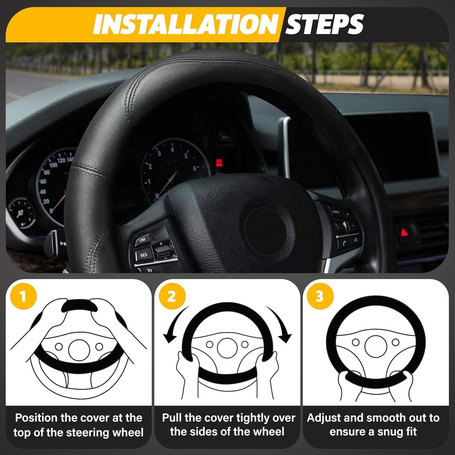 image:imageEcoNour Car Steering Wheel Cover Premium amp Durable PU Leather with AntiSlip Design Universal Fit 145 15 Steering Wheel Cover Car and Truck Accessories Black