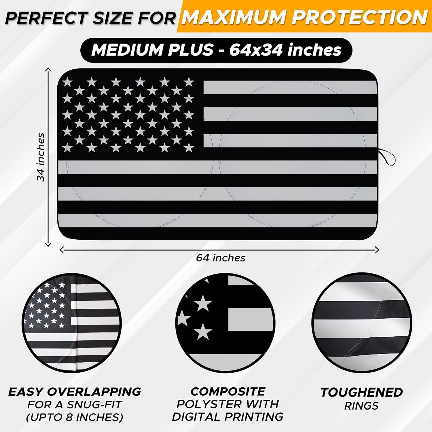 image:imageEcoNour Car Sun Shade Windshield BampW USA American Flag 240T Foldable Reflector Material Sun Visor for SUV amp Truck Car Shade Sun Blocker with UV amp Heat Protector XLarge 64 x 34