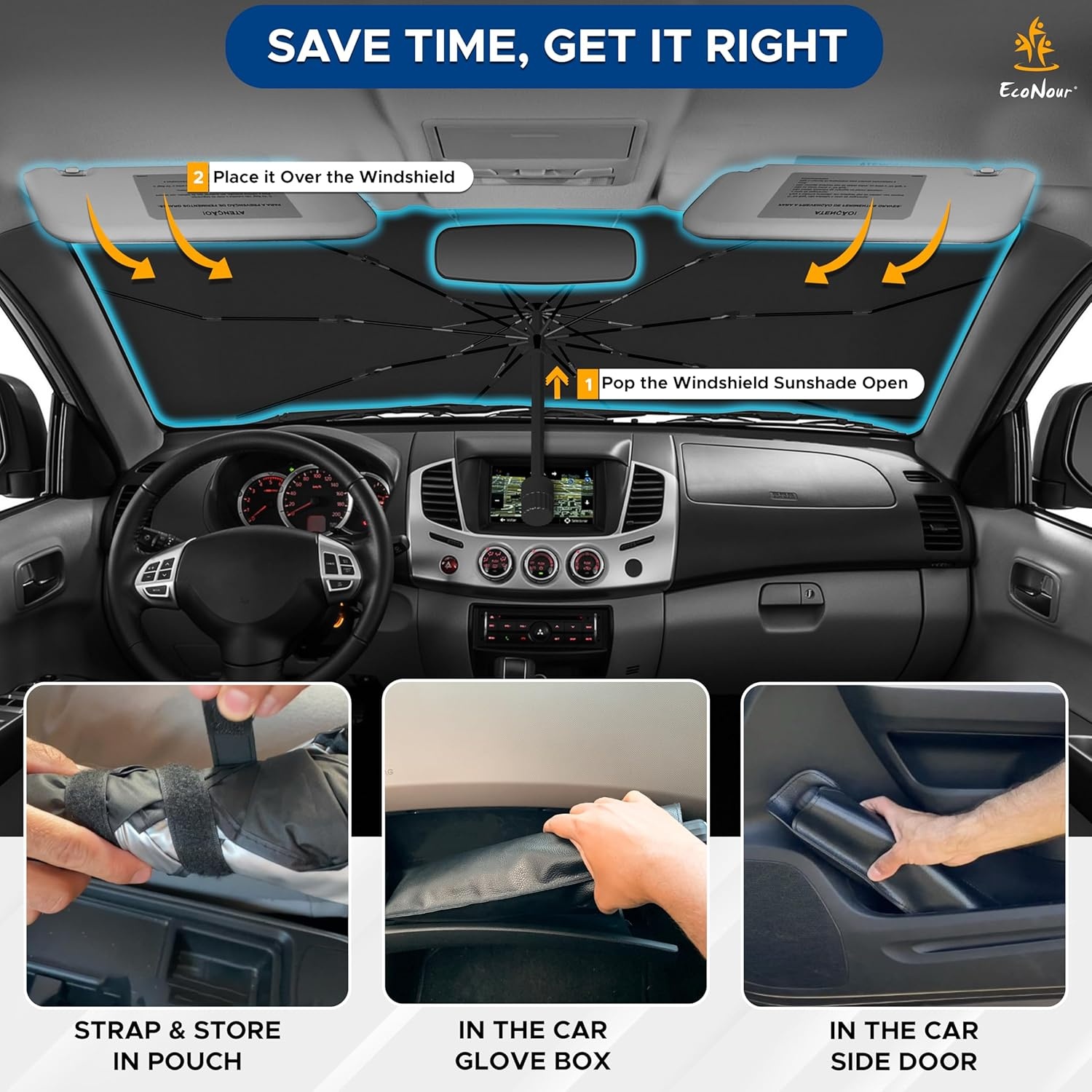 image:imageEcoNour Car Windshield Sun Shade Foldable Car Umbrella Sun Shade Windshield Cover Sunshade Blocks UV Rays Sun Visor Protector Automotive Interior Sun Protection Accessories Medium 53 x 30Medium