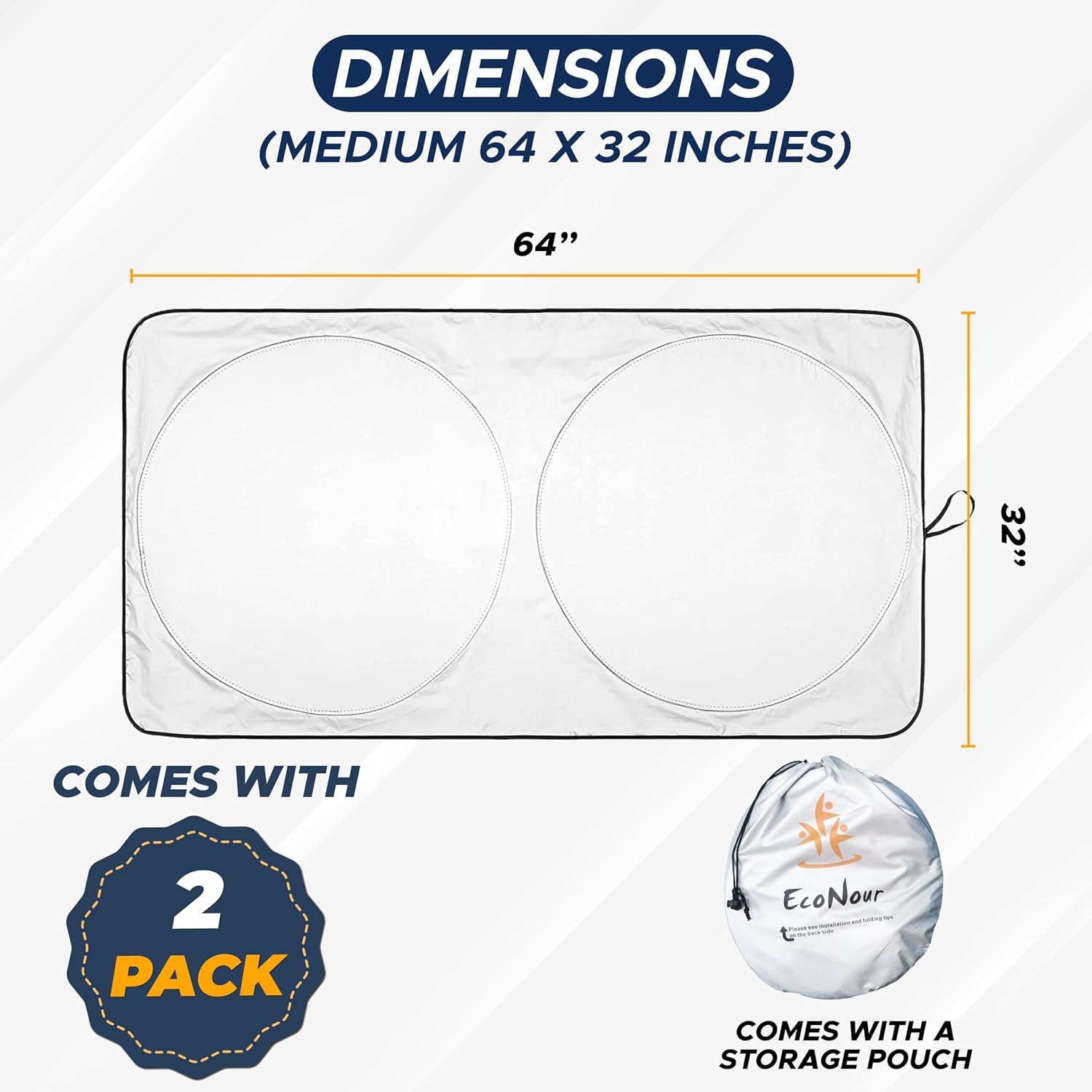 image:imageEcoNour Car Windshield Sun Shade 2 Pack Reflector Sunshade car Window Shades Car Reflective Sun Blocker Fits Small Sedans Mini SUVs amp Hatchbacks Medium 64 in x32 in