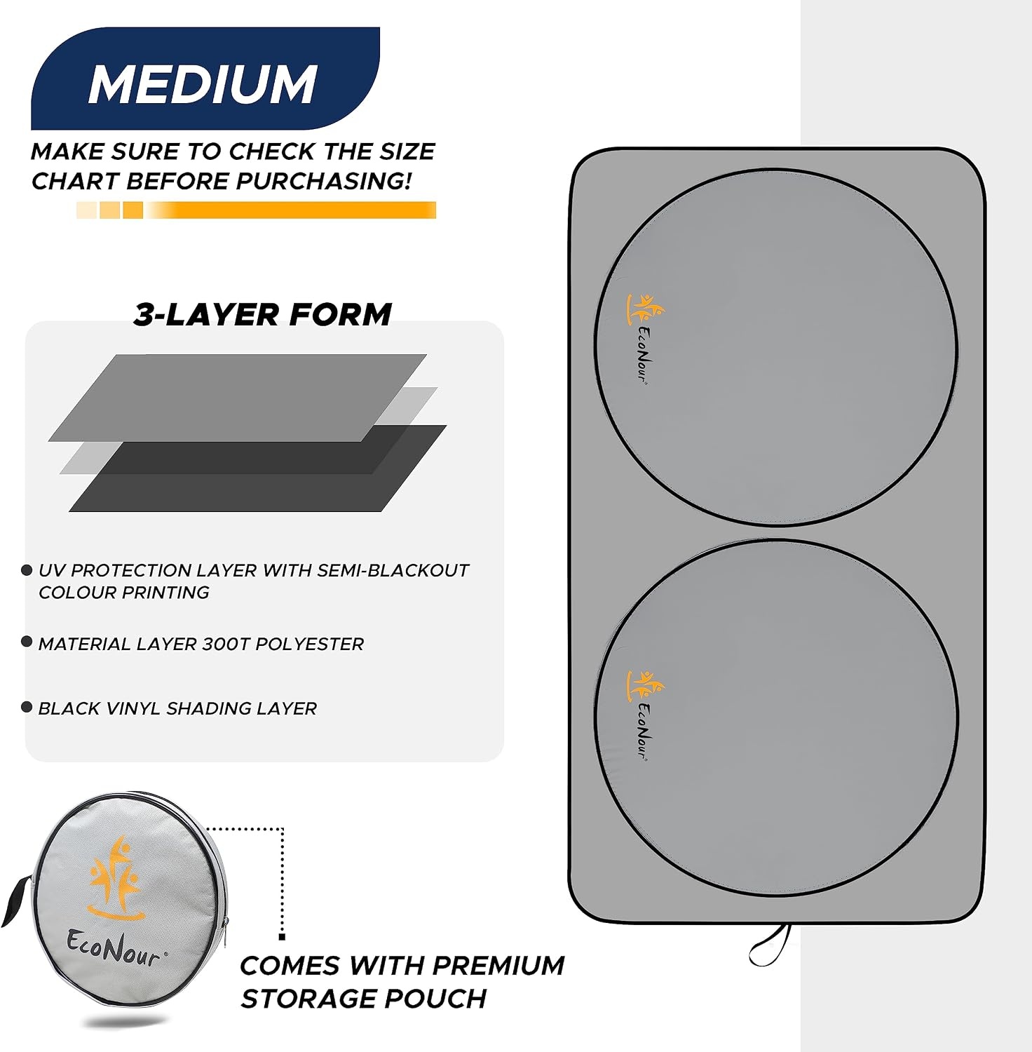 image:imageEcoNour Car Windshield Sun Shade with Storage Pouch Front Window Sun Protector for UV Rays amp Sun Heat Car Interior Accessories Fits Small Sedans Mini SUVs and Hatchbacks Medium 64x32 inches