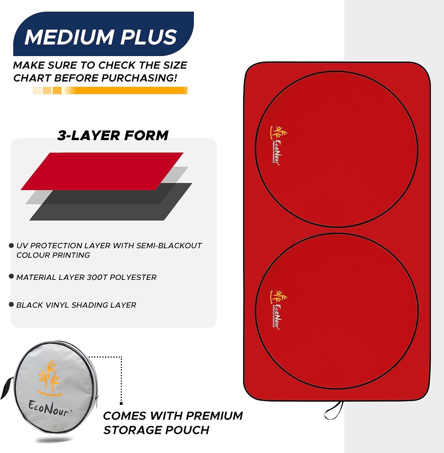 image:imageEcoNour Car Windshield Sun Shade with Storage Pouch Durable 240T Material Car Sun Visor for UV Rays Sun Heat Protection Car Interior Accessories for Sun Heat Medium Plus 64 in x 34 in