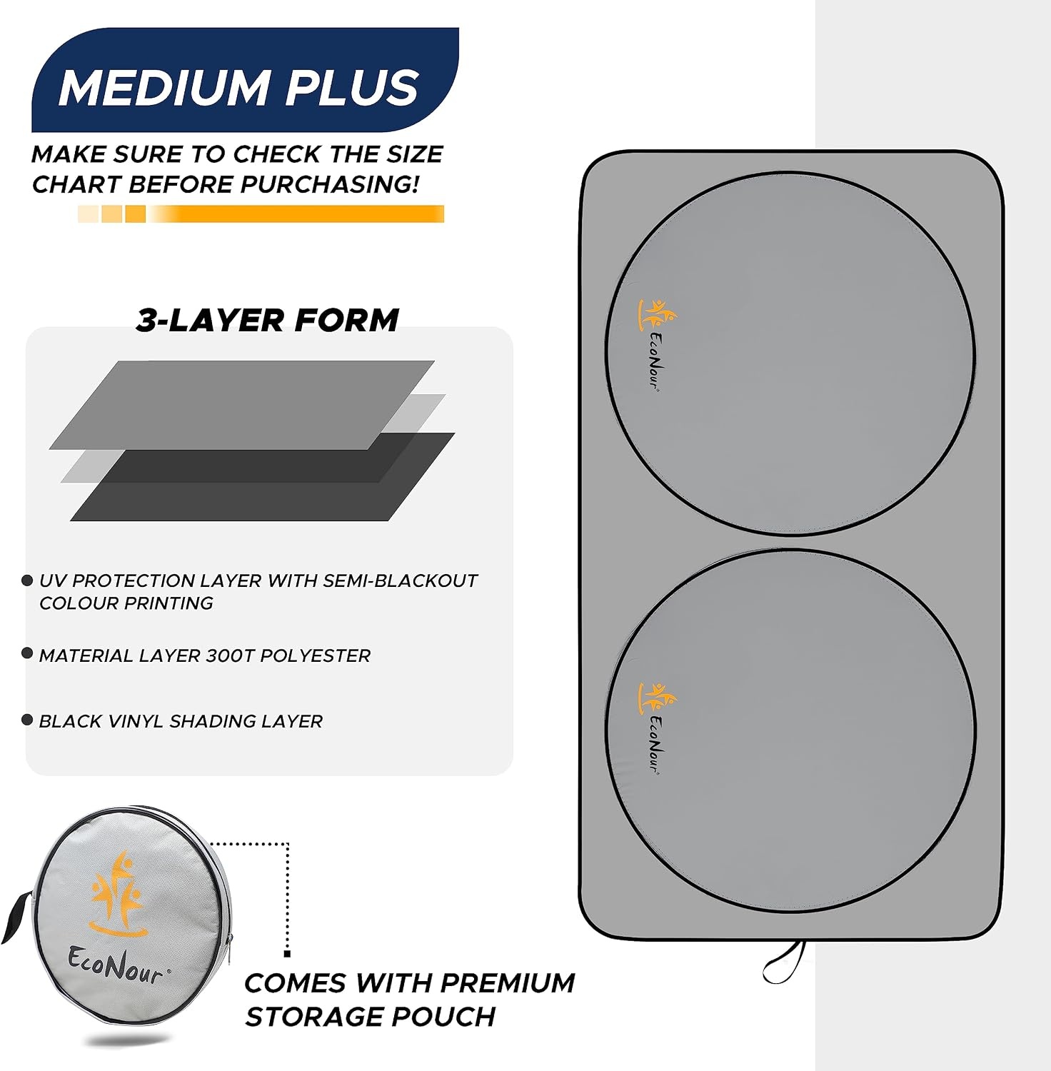 image:imageEcoNour Car Windshield Sun Shade with Storage Pouch Durable 300T Material Car Sun Visor for UV Rays Sun Heat Protection Car Interior Accessories for Sun Heat Medium Plus 64 in x 34 in