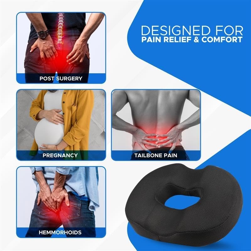 image:imageEcoNour Comfortable Donut Pillow Seat Cushion Memory Foam for Tailbone and Hip Support Ideal for Posture Improvement and Everyday Comfort Perfect for Office Chairs Cars and Wheelchairs
