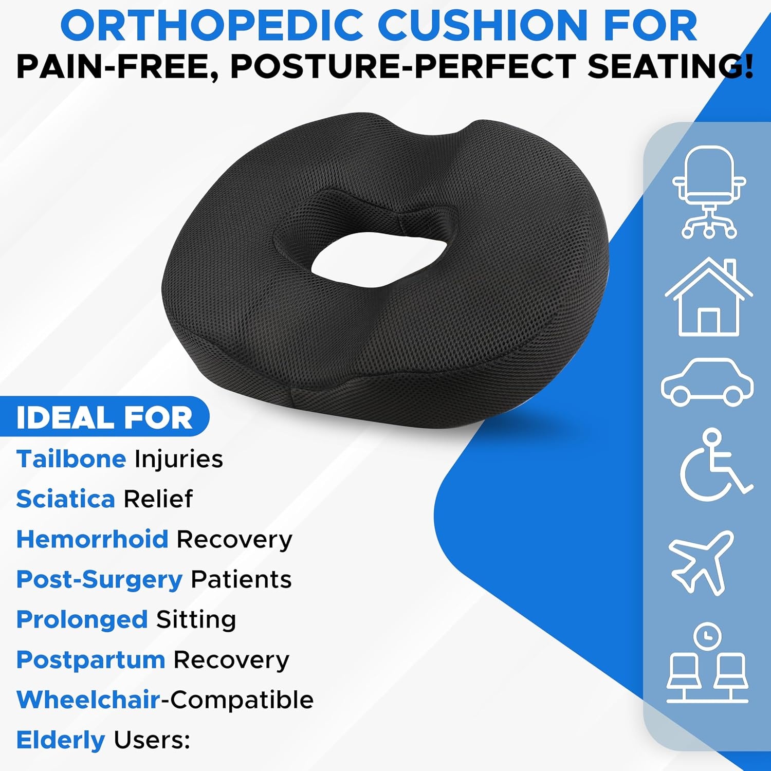 image:imageEcoNour Comfortable Donut Pillow Seat Cushion Memory Foam for Tailbone and Hip Support Ideal for Posture Improvement and Everyday Comfort Perfect for Office Chairs Cars and Wheelchairs