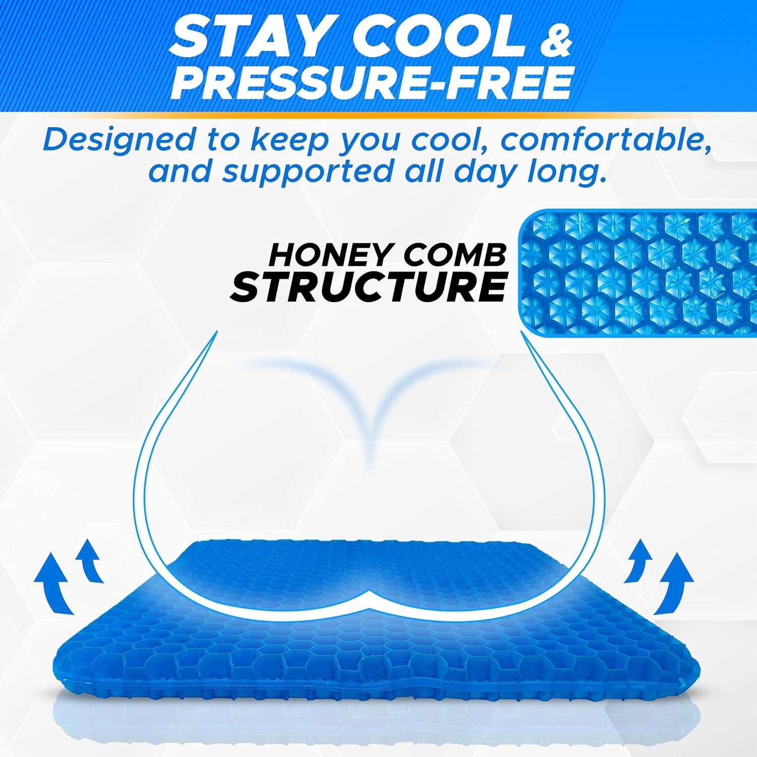 image:imageEcoNour Gel Seat Cushion for Long Sitting Large amp Thick Pressure Relief Honeycomb Support for Back Sciatica Coccyx Hip amp Tailbone Pain Seat Pad for Office Chair Wheelchair amp CarBlue