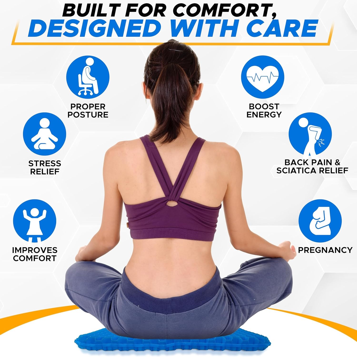 image:imageEcoNour Gel Seat Cushion for Long Sitting Large amp Thick Pressure Relief Honeycomb Support for Back Sciatica Coccyx Hip amp Tailbone Pain Seat Pad for Office Chair Wheelchair amp CarBlue