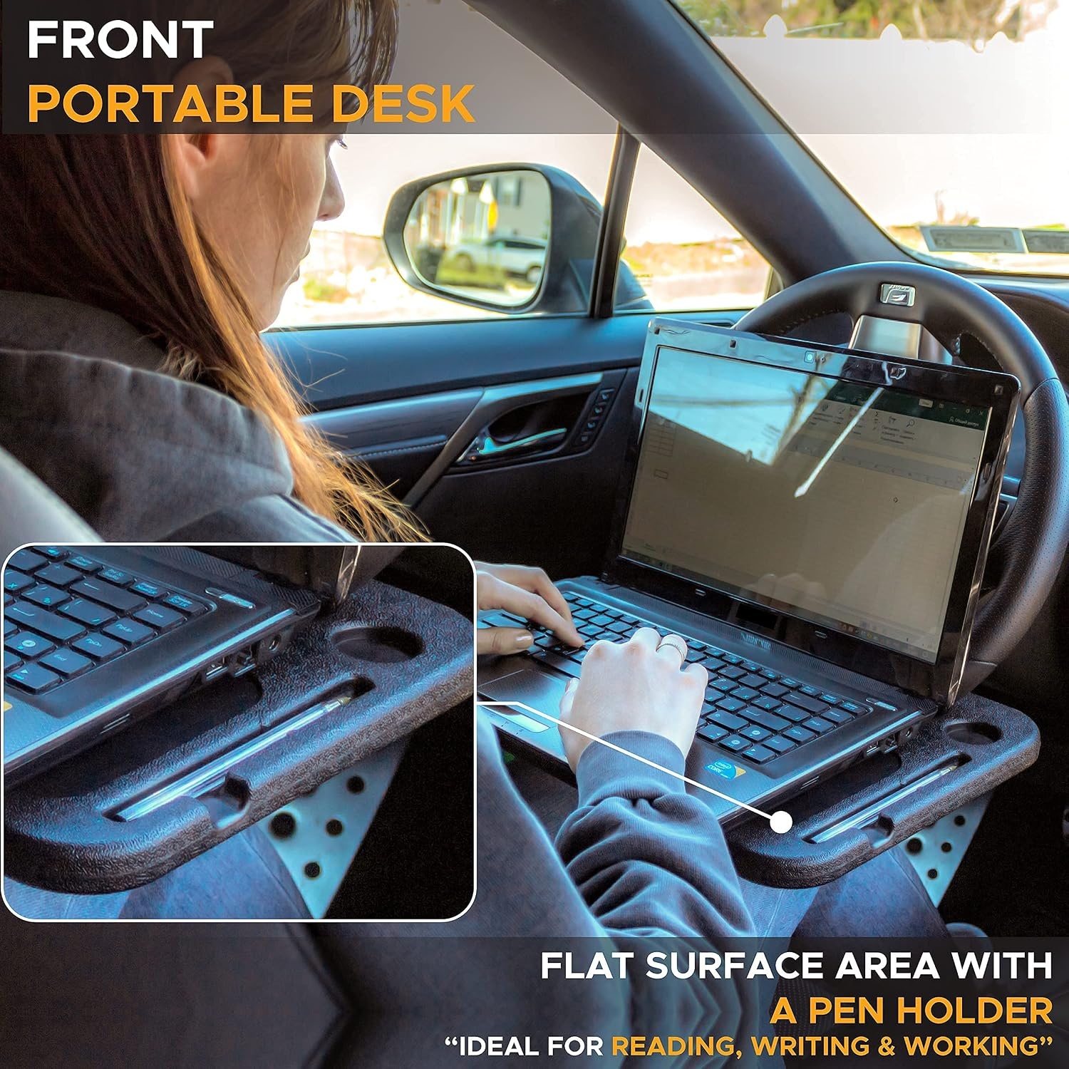 image:imageEcoNour Gift Bundle Car Seat Organizer Front Seat Gap Filler 2 Pack 2 in 1 Car Steering Wheel Desk Car Seat Pockets Steering Wheel Lap Desk for Car Travel Accessories for Car