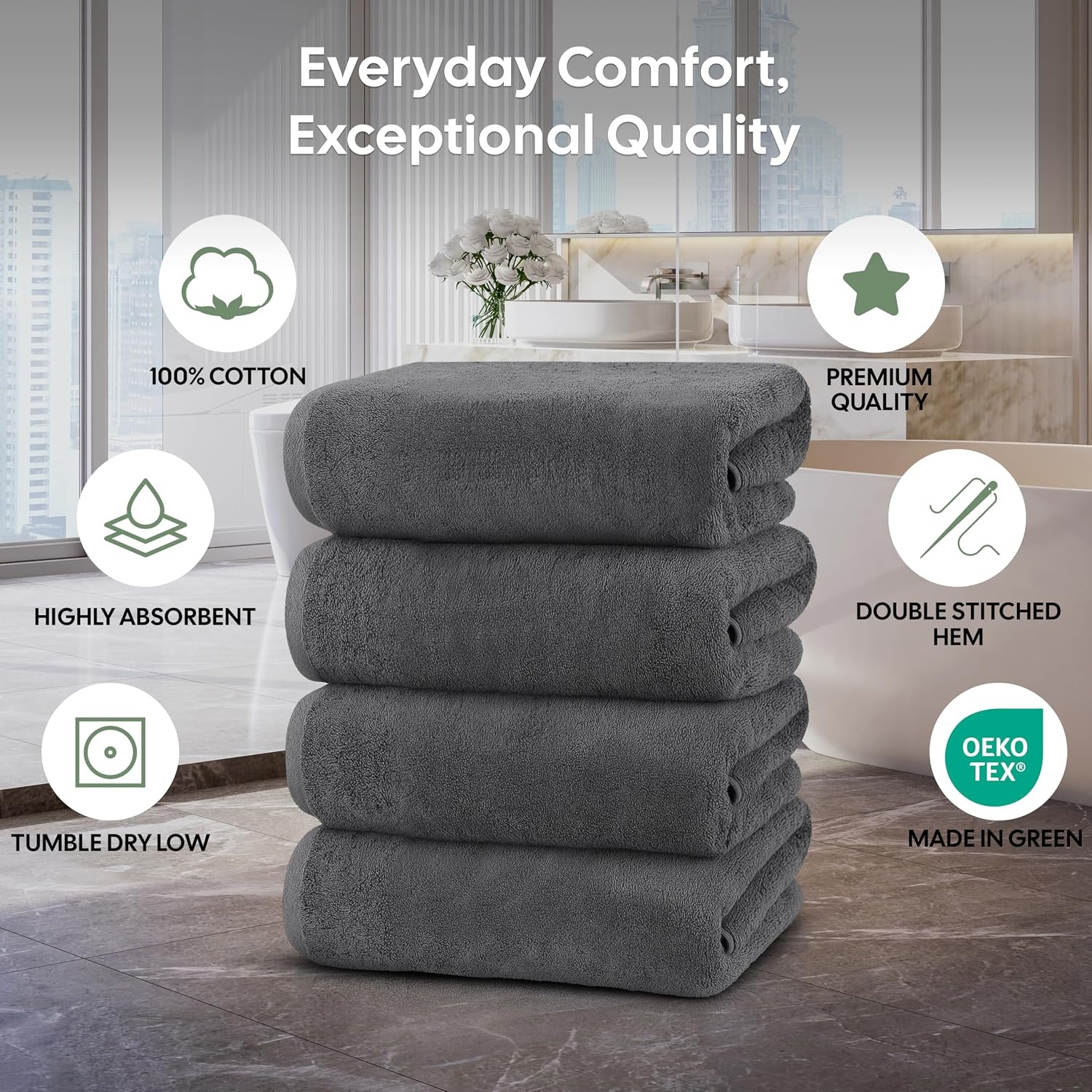 image:imageEcoNour Luxury 4Pack White Turkish Cotton Bath Towels 550 GSM 100 Cotton 27x54 Inch Ultra Soft Quick Dry amp Highly Absorbent for Bathroom Gym amp TravelDark Grey