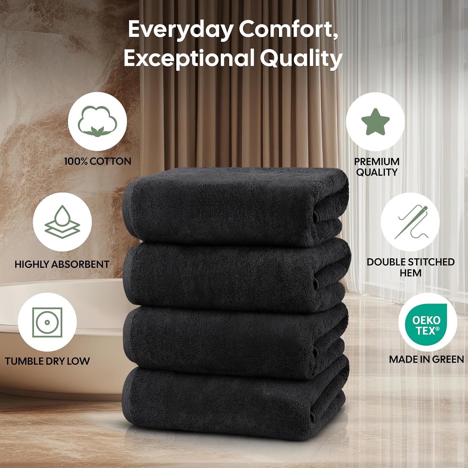 image:imageEcoNour Luxury 4Pack White Turkish Cotton Bath Towels 550 GSM 100 Cotton 27x54 Inch Ultra Soft Quick Dry amp Highly Absorbent for Bathroom Gym amp TravelBlack
