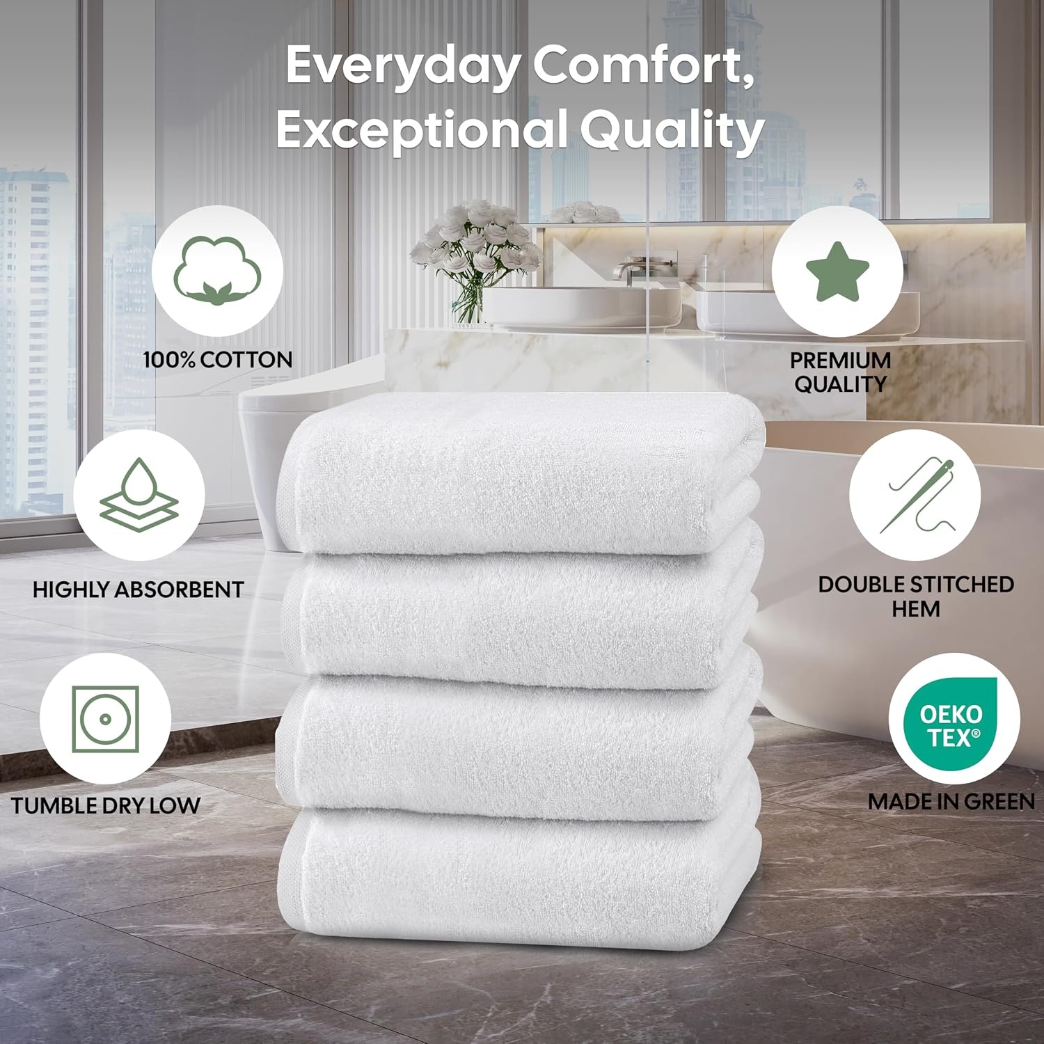 image:imageEcoNour Luxury 4Pack White Turkish Cotton Bath Towels 550 GSM 100 Cotton 27x54 Inch Ultra Soft Quick Dry amp Highly Absorbent for Bathroom Gym amp TravelWhite