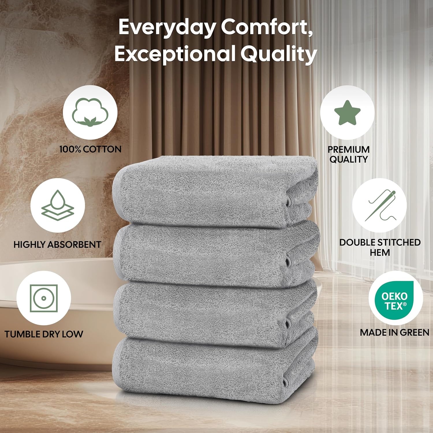 image:imageEcoNour Luxury 4Pack White Turkish Cotton Bath Towels 550 GSM 100 Cotton 27x54 Inch Ultra Soft Quick Dry amp Highly Absorbent for Bathroom Gym amp TravelGrey