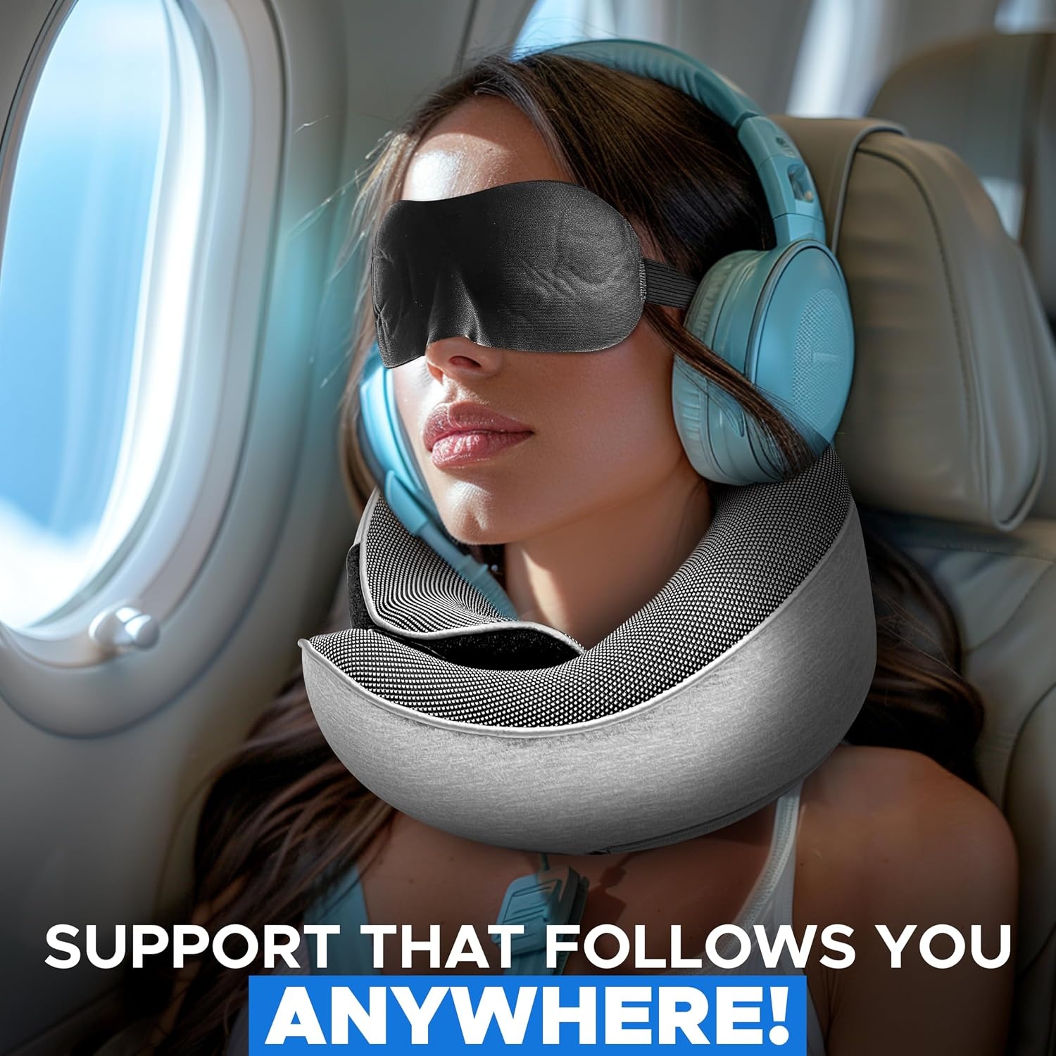 image:imageEcoNour Memory Foam Neck Pillow Set 360 Headrest Airplane Pillow Wrap Eye Masks Earplugs amp Mesh Bag Travel Essentials for Long Flights Car Home Adjustable Neck Support Kit for Adults amp Kids