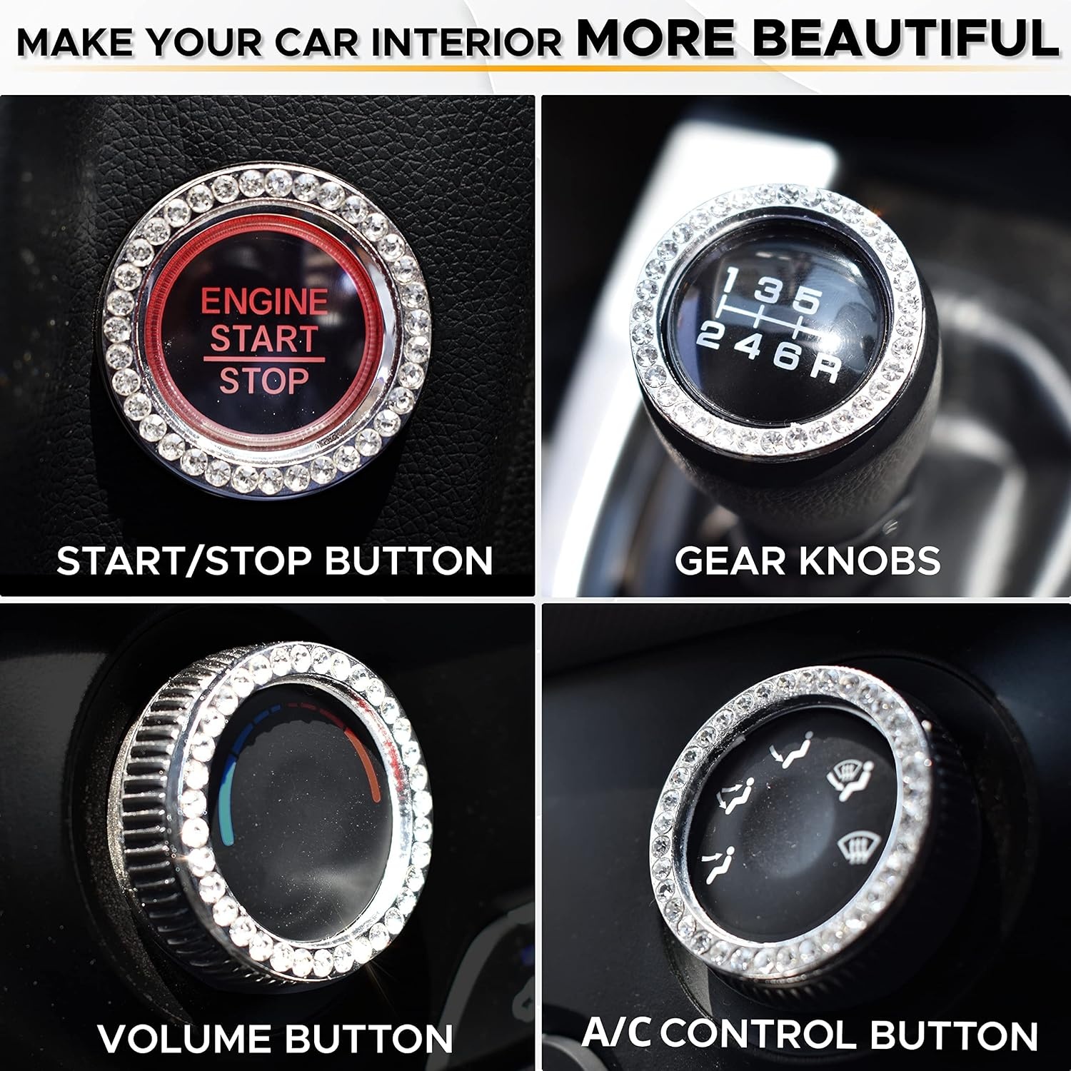 image:imageEcoNour Mini Car Trash Can 2 Pack Car Cup Coasters with 1 Pack Push Start Button Compact Diamond Design with Removable Lid Unique Crystal Rhinestone Bling Car Accessories for Women