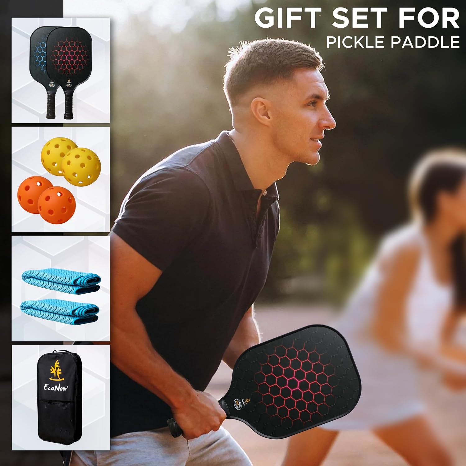 image:imageEcoNour Pickleball Paddles Set of 24 USAPA Approved Fiberglass Surface Pickleball Set with 4 Pickleballs 2 Cooling Towels and Pickleball Racket Storage BagBlack 2 Pack