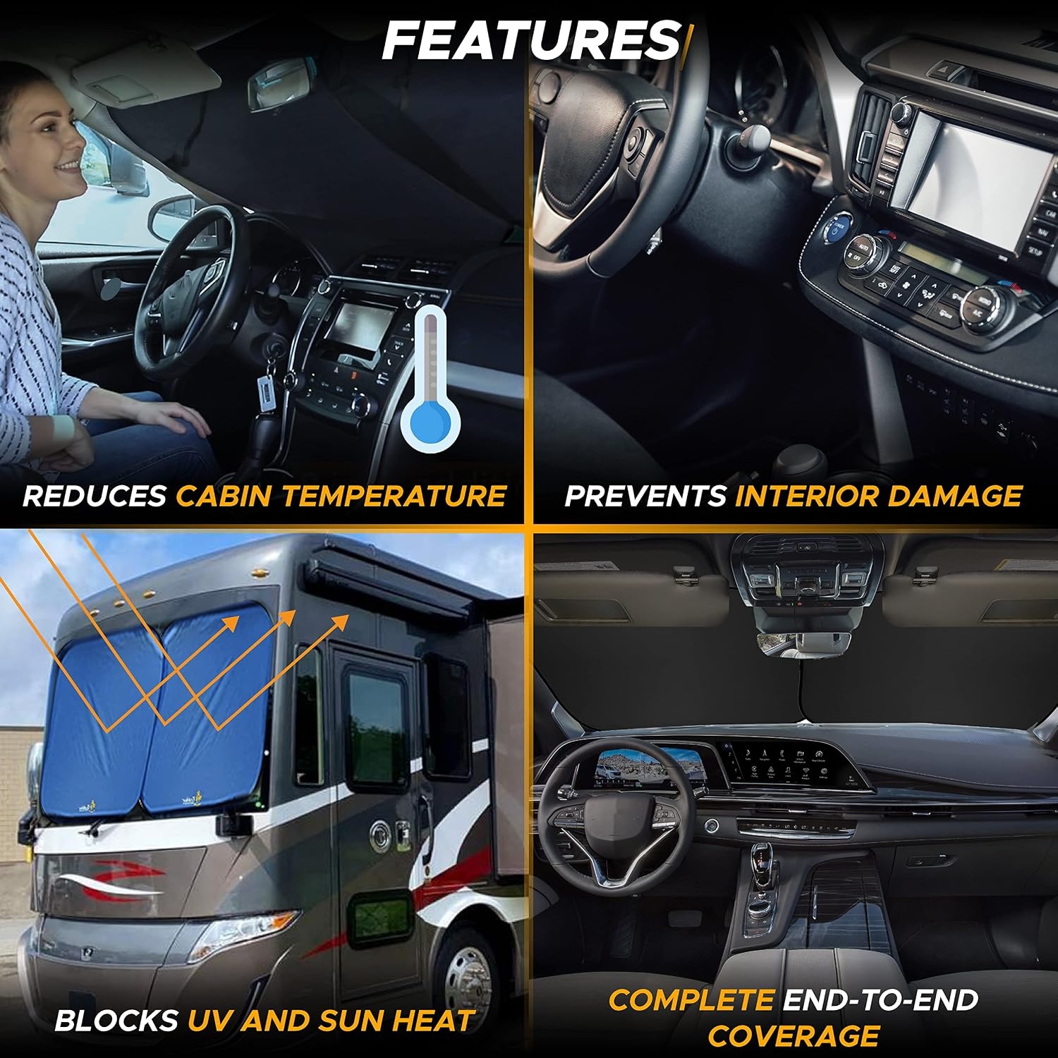 image:imageEcoNour Premium 2Piece Foldable Spring RV Windshield Sunshade Reflective 300T Nylon Keeps Your RV Cool Front RVs Trucks Motorhomes Large Bus Large Side Window XXL Each 41 x 50