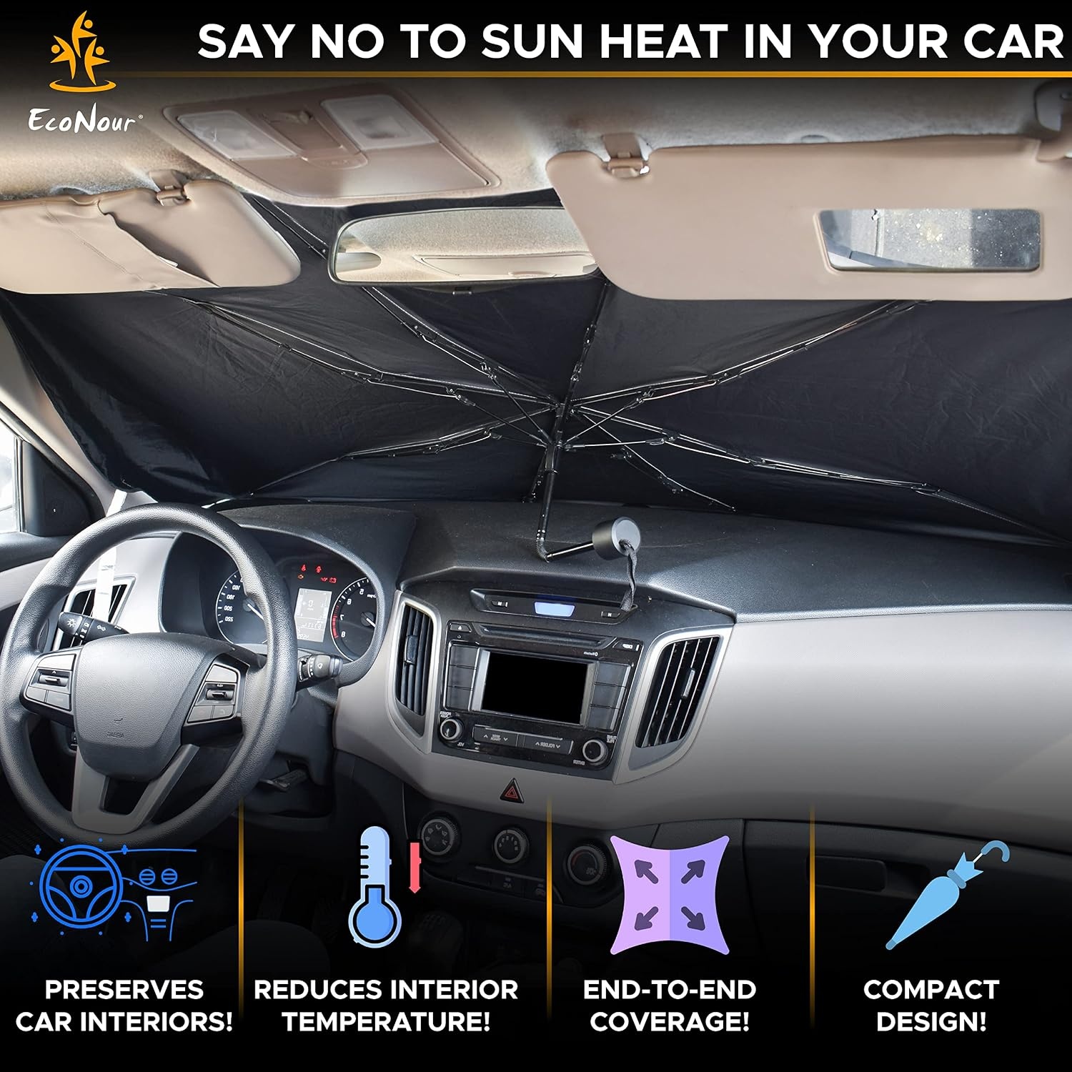 image:imageEcoNour Umbrella Sun Shade 57x31 inches Bling Tissue Holder 9x5 inches Sun Blocker for Car Compact Tissue Holder for Car