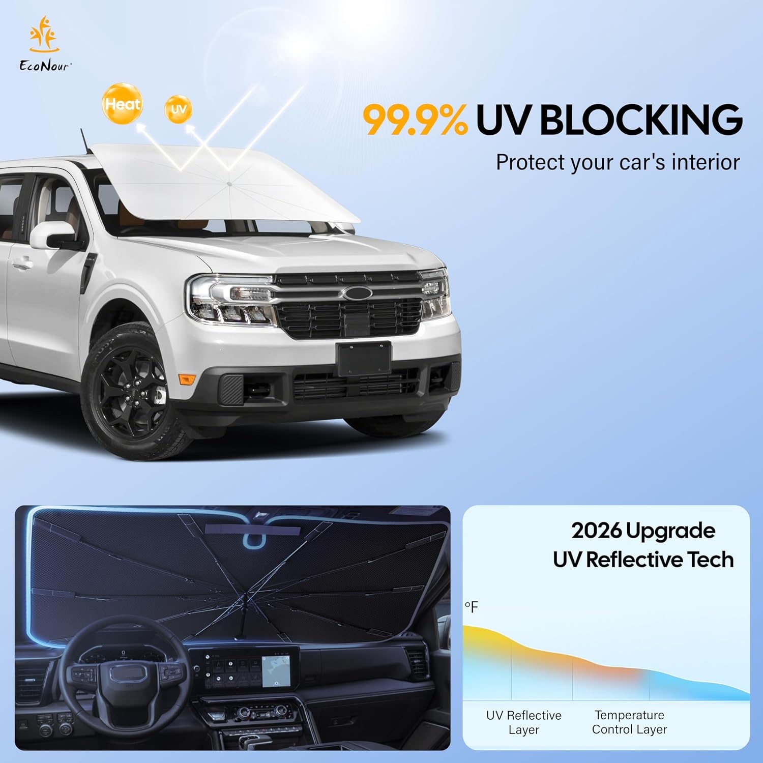 image:imageEcoNour Umbrella Windshield Sun Shade for Car Foldable UV Blocker Front Windshield Sunshade Umbrella Shade Accessories with Storage Pouch Full Size SUVs amp Pickup Truck amp Van Large 61x35