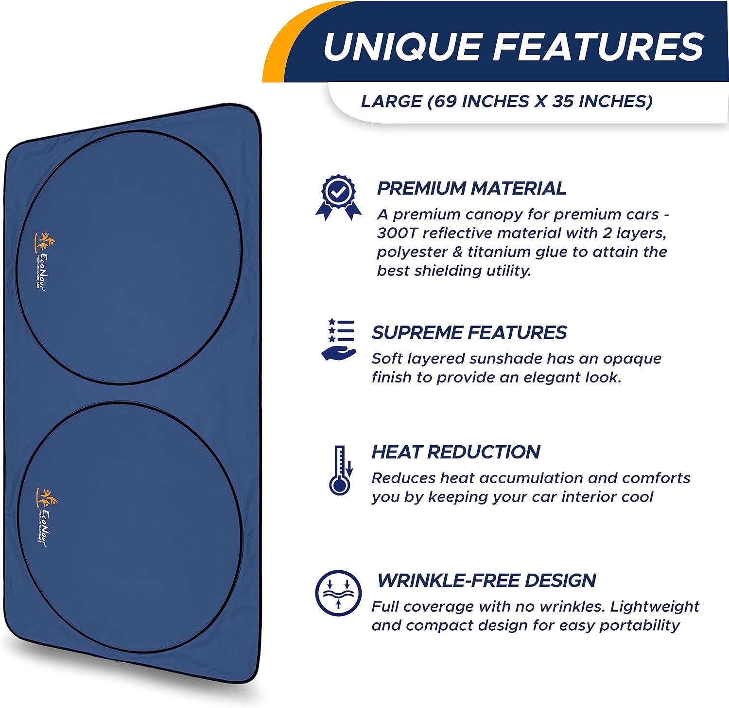 image:imageEcoNour Windshield Sun Shade 300T Sun Shade for Truck Foldable Truck Window Shade Blocks UV Rays amp Sun Protects Interior Car Accessories Universal Fits for Blue XLarge 69 x 35