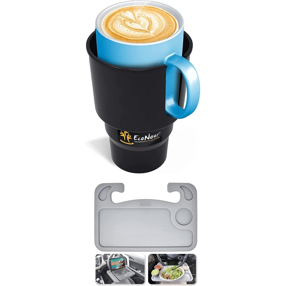 image:imageEcoNour 2 in 1 Car Steering Wheel Desk Car Cup Holder Expander Multipurpose Car Steering Wheel Desk Tray Car Accessories Compatible with Most Regular Cup Holders
