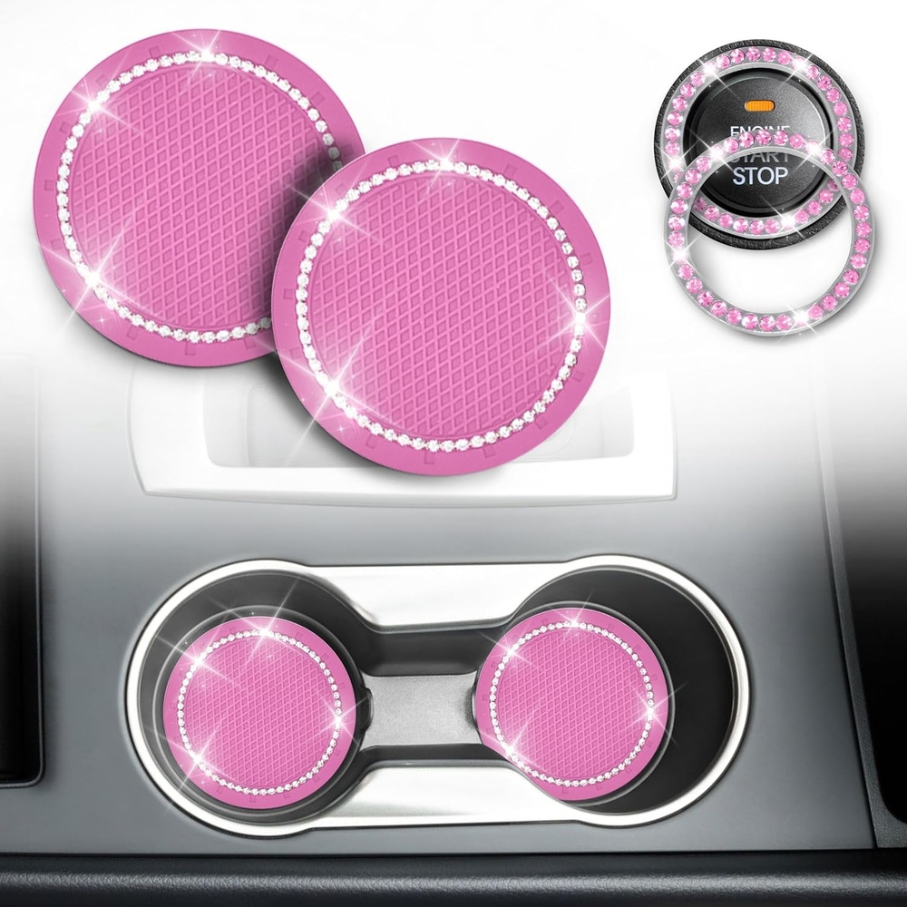 image:imageEcoNour Car Cup Coasters 2 Pack with Pink Push Start Button Bling Ring 1 Pack Pink Car Interior Accessories for Women Classy and Elegant Pink Crystal Car Decor for CarsTrucks amp RVs