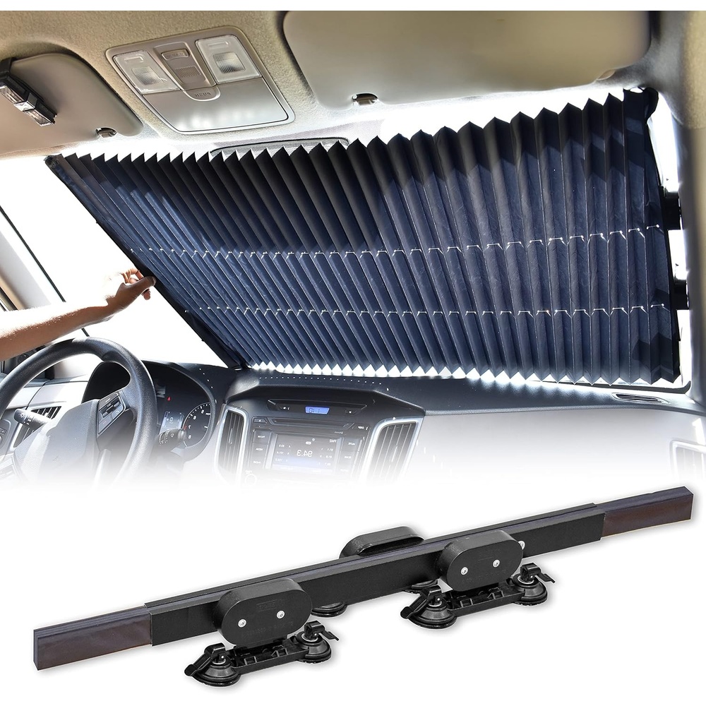 image:imageEcoNour Car Retractable Windshield Sun Shade  Aluminum Cloth Fabric Sunshade to Block 99 Sun Heat and UV  Car Sun Visor to Protect Car Interiors  Adjustable Universal Size  Fits for All Cars