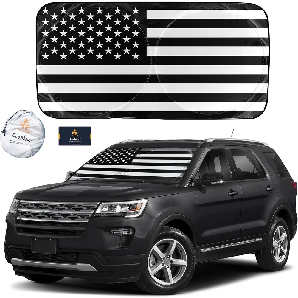 image:imageEcoNour Car Sun Shade Windshield BampW USA American Flag  240T Foldable Reflector Material Sun Visor for SUV amp Truck  Car Shade Sun Blocker with UV amp Heat Protector  XLarge 64 x 34