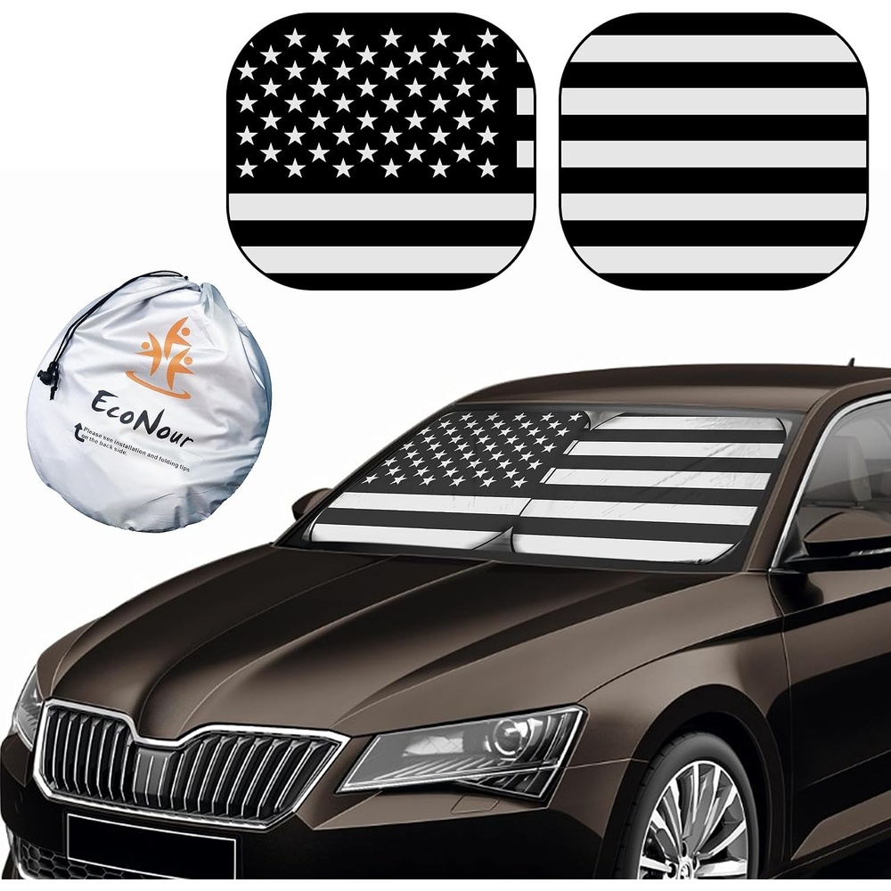 image:imageEcoNour Car Windshield Sun Shade BW Flag Durable 240T Polyester Sun Blocker for Car Windshield Foldable Automotive Interior Accessories for UV Protection Medium 28 x 31