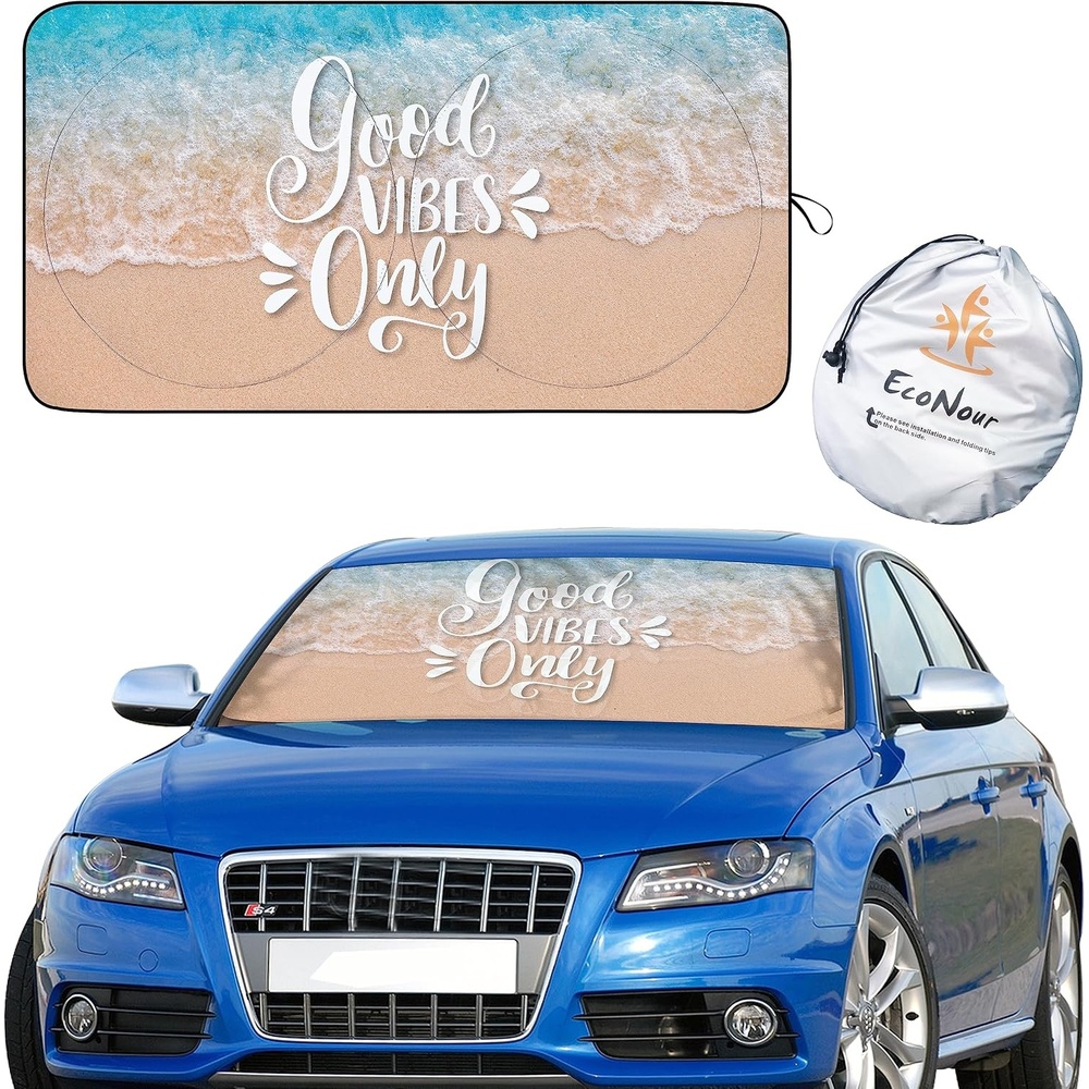 image:imageEcoNour Car Windshield Sun Shade with Pouch Good Vibes Front Window Sun Protector for UV Rays Car Interior Accessories Fits Small Sedans Mini SUVs amp Hatchbacks Medium 64 inches x 32 inches