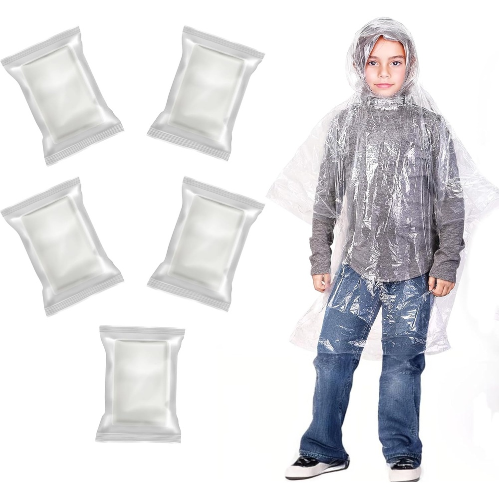 image:imageEcoNour Disposable Kids Rain Poncho  Clear amp Emergency Rain Ponchos for Kids  Portable Ponchos with Hooded JacketTransparent Pack of 5