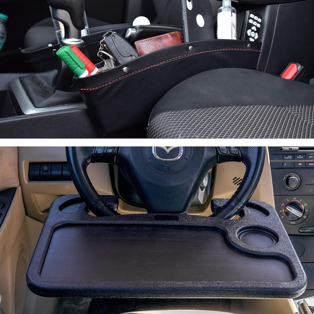 image:imageEcoNour Gift Bundle Car Seat Organizer Front Seat Gap Filler 2 Pack 2 in 1 Car Steering Wheel Desk Car Seat Pockets Steering Wheel Lap Desk for Car Travel Accessories for Car