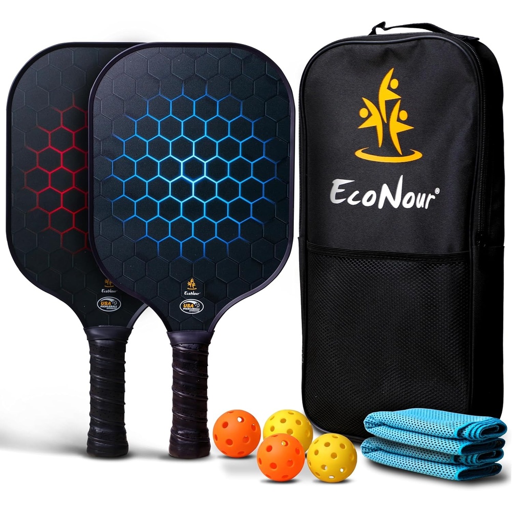 image:imageEcoNour Pickleball Paddles Set of 24 USAPA Approved Fiberglass Surface Pickleball Set with 4 Pickleballs 2 Cooling Towels and Pickleball Racket Storage BagBlack 2 Pack