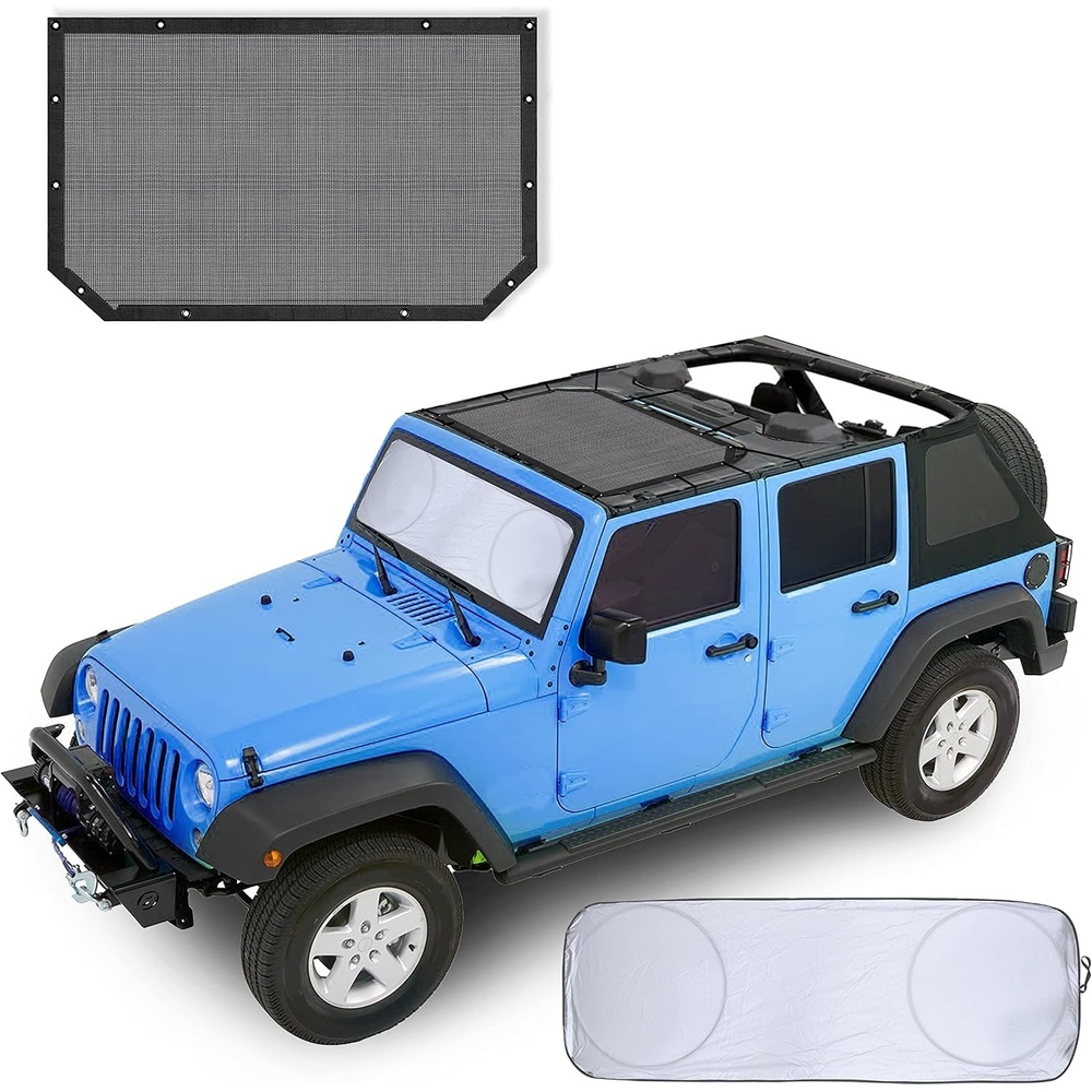 image:imageEcoNour Roof Top Sunshade for Jeep Wrangler JKU with Car Windshield Sunshade  Compatible with 20072018 JK Bikini Top 4 Door  Front Top Cover Blocks UV amp Wind Blast  Durable PVC Black Mesh