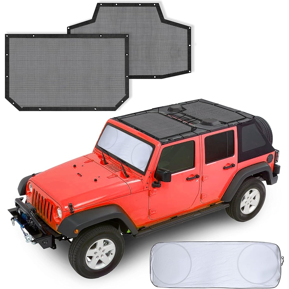 image:imageEcoNour Roof Top Sunshade for Jeep Wrangler JKU with Car Windshield Sunshade  Compatible with 20072018 JK Bikini Top 4 Door  Front amp Rear Top Cover Blocks UV amp Wind Blast  Durable PVC Black Mesh