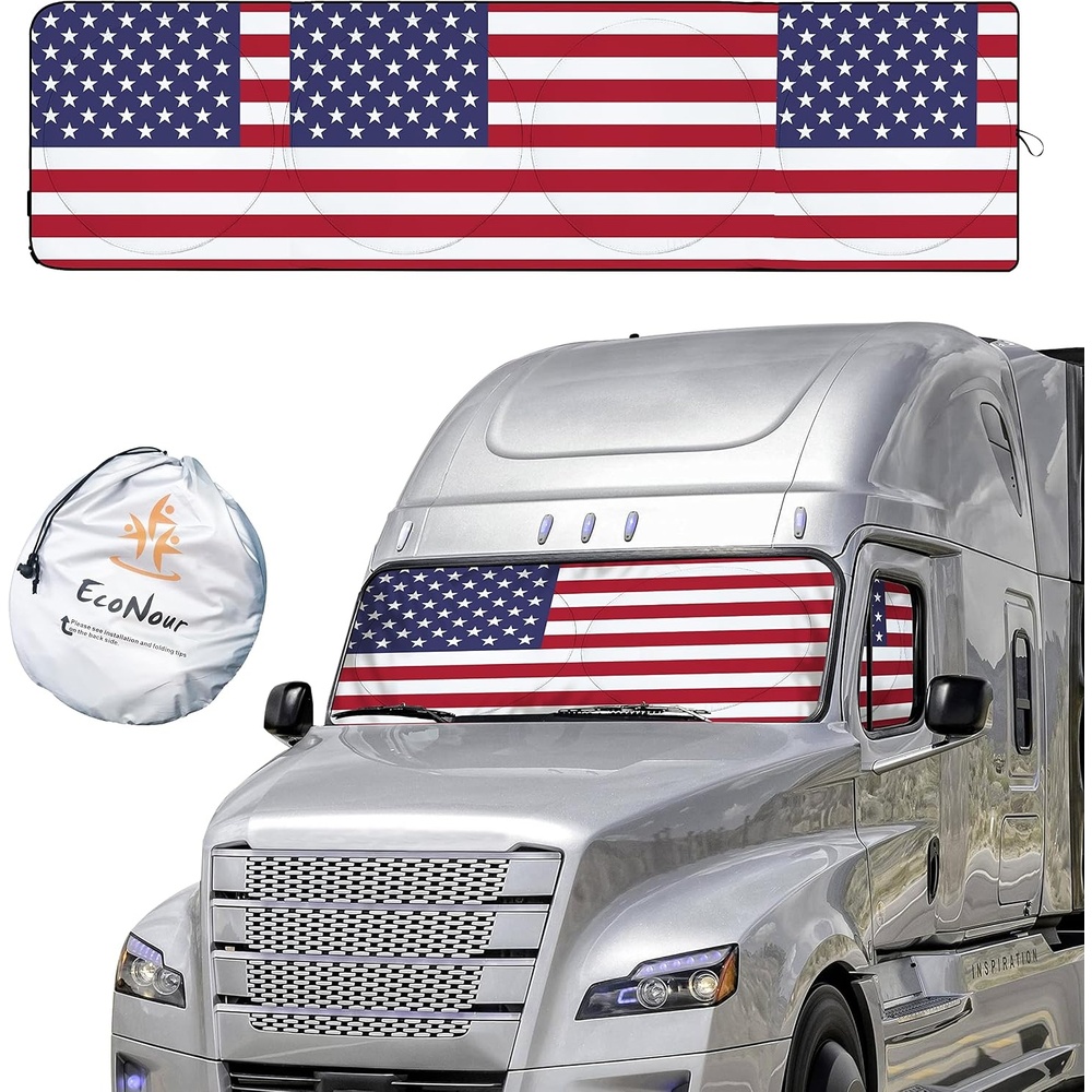 image:imageEcoNour Semi Truck Patriotic Flag Printed Sun Shade for Windshield and Side Windows 240T Windshield Sunshade to Block UVSun Heat Rays Best for Commercial amp Big Rig Semi Truck