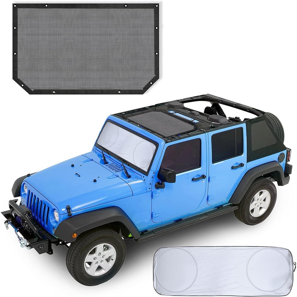 image:imageEcoNour Sun Shade for Jeep Wrangler JL 2021 with Car Windshield Sunshade  Fits Top Jeep Wrangler Four Door Front  Blocks UV Rays Wind Noise amp Leaves  Heat Reduction  Tough PVC Net