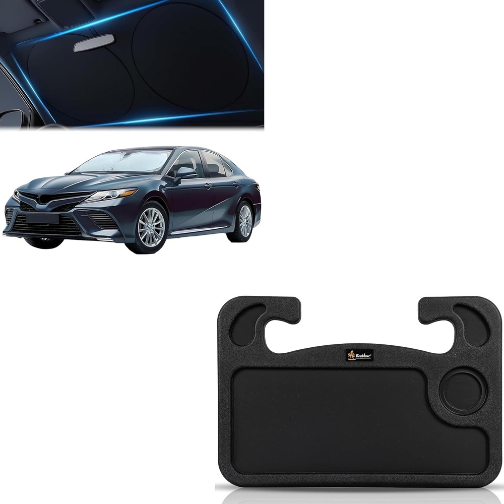 image:imageEcoNour Sunshade for Car Windshield with Mirror Cut 2 in 1 Car Steering Wheel Desk Tray for Laptop Car Mount with Pen Holder