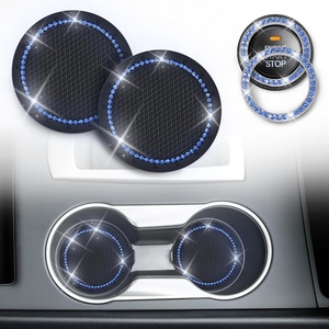 EcoNour Bling Cup Holder Insert (2 Pack) with Push Start Button Ring | (1 Pack) | 2.75 Inch Silicone Coaster Pad and 1.5 Inch Ring with Elegant Blue Crystal Rhinestone | Car Interior Accessories