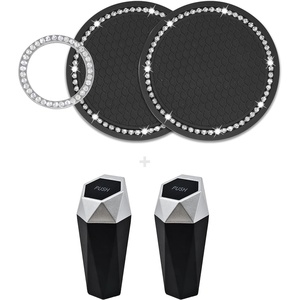 EcoNour Mini Car Trash Can + (2 Pack) Car Cup Coasters with (1 Pack) Push Start Button | Compact Diamond Design with Removable Lid | Unique Crystal Rhinestone Bling Car Accessories for Women
