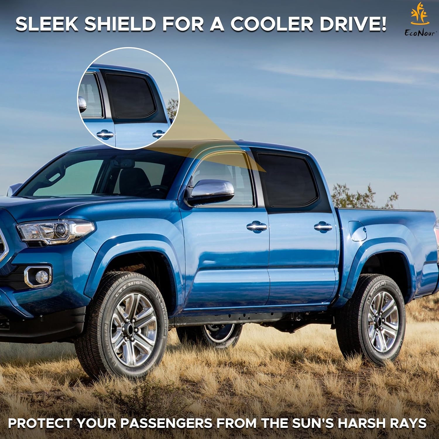 image:imageEcoNour Car Front Side Window Sun Shades Compatible for Toyota Tacoma 2 Pack Breathable Super Stretchy Mesh Sun Shade Heat Block UV Protection Car Window Screen Covers Mosquito Net CurtainsToyota Tacoma Rear